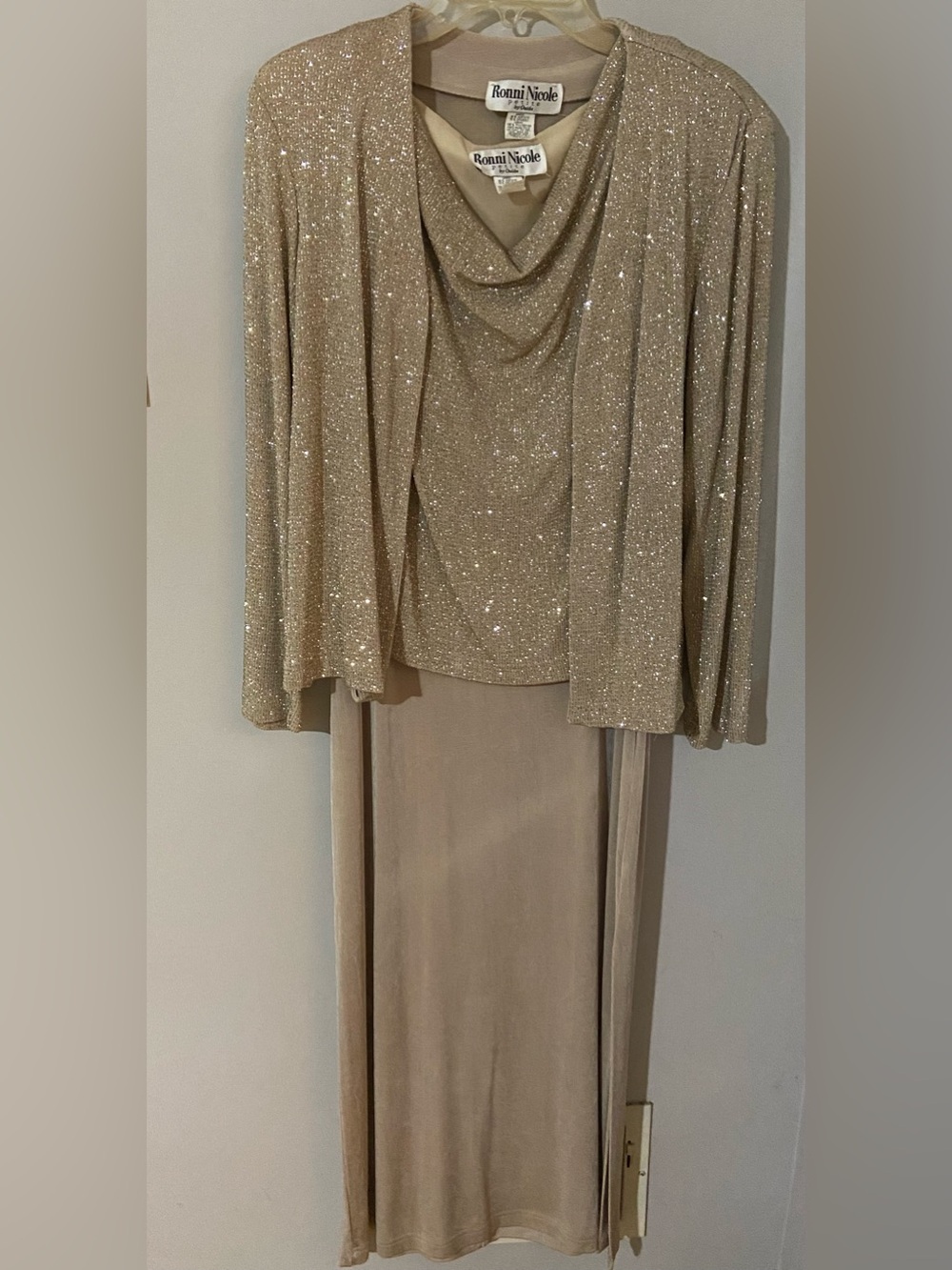 Ronni Nicole Petite Gold Metallic 2 Piece Formal Dress Jacket 10P